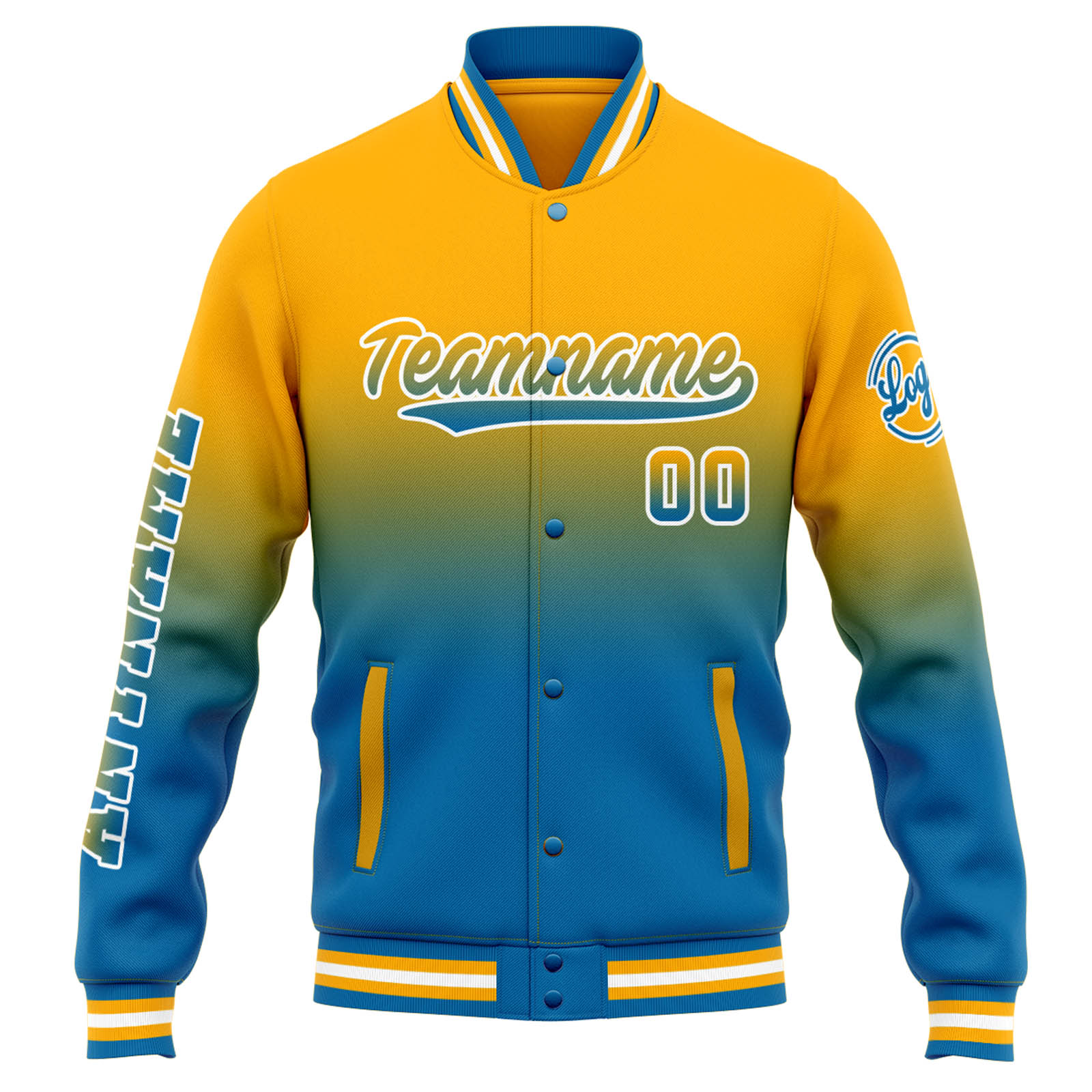 Chaqueta universitaria personalizada estilo Letterman para hombres-mujeres y jóvenes-color naranja degradado azul
