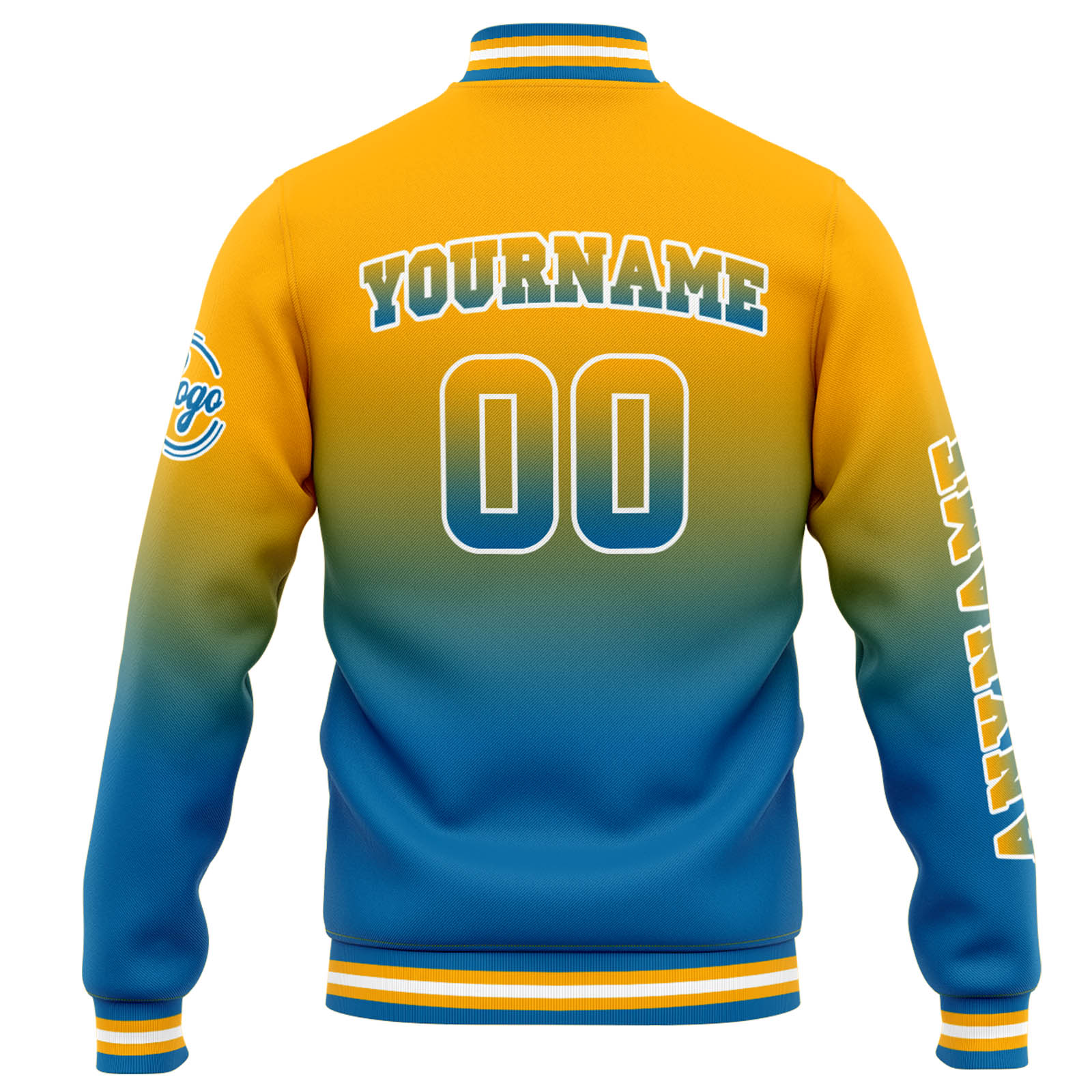 Chaqueta universitaria personalizada estilo Letterman para hombres-mujeres y jóvenes-color naranja degradado azul