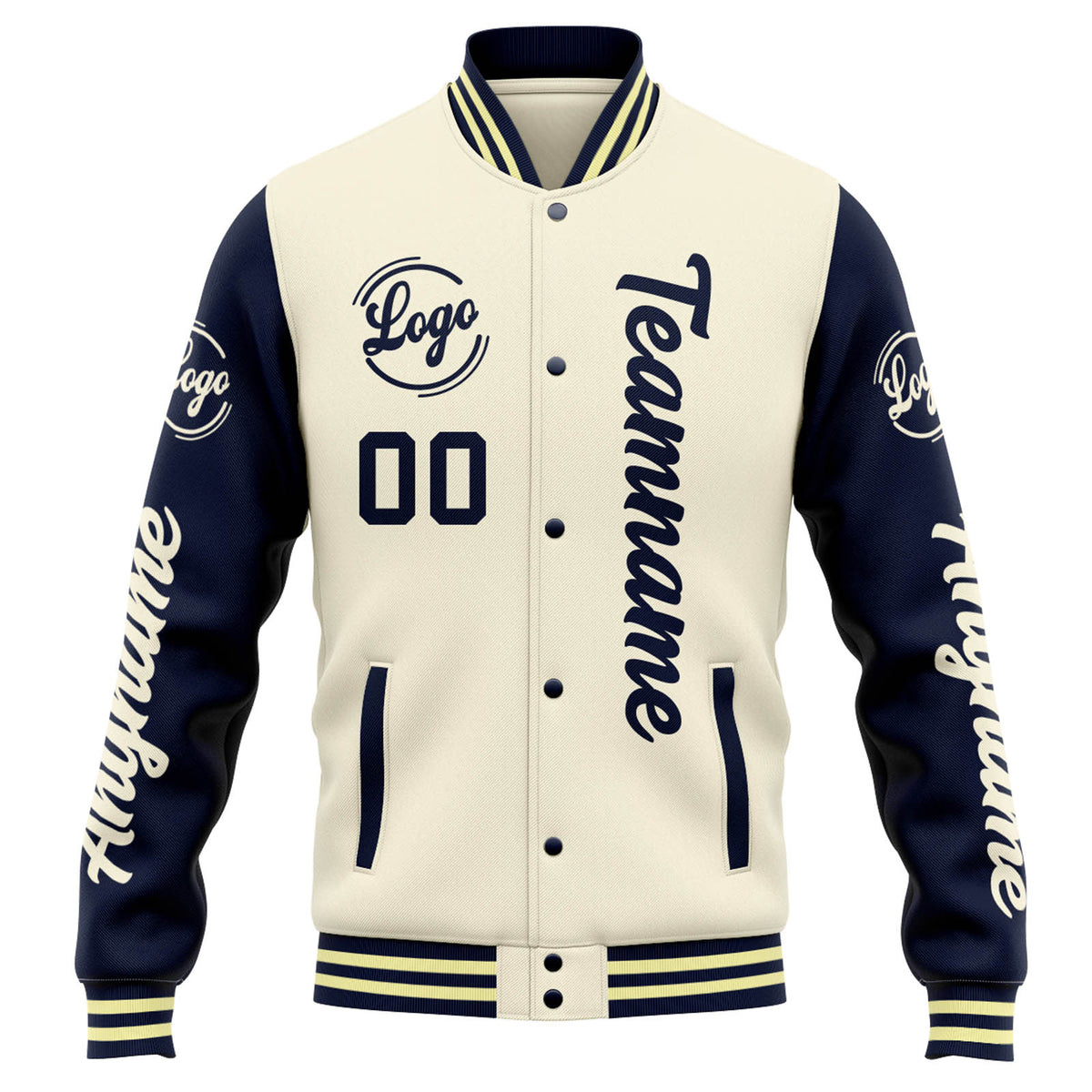 Chaqueta universitaria personalizada estilo Letterman para hombres-mujeres y jóvenes-color crema y azul marino