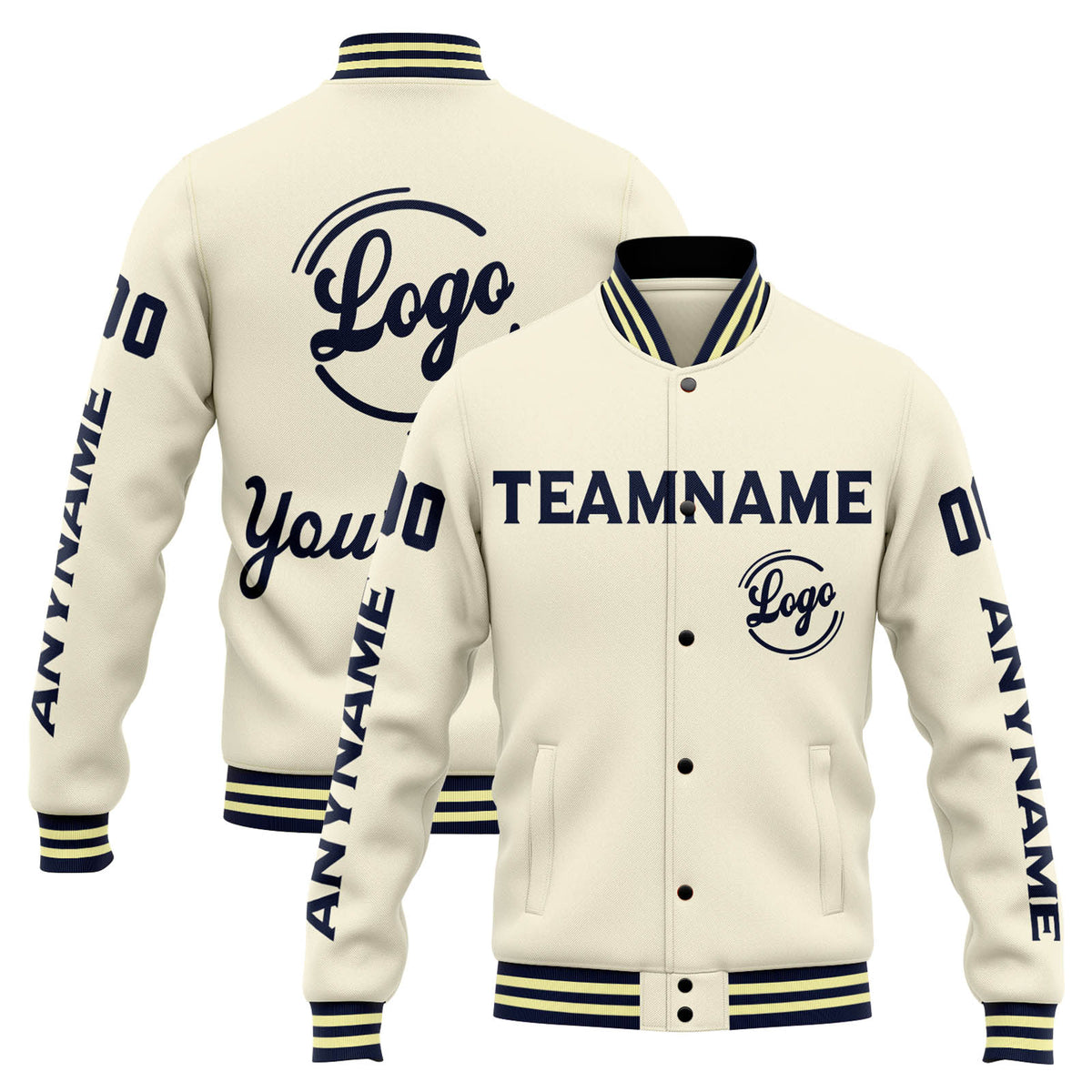 Chaqueta universitaria personalizada estilo Letterman para hombres-mujeres y jóvenes-color crema y azul marino