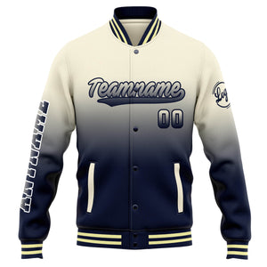 Chaqueta universitaria personalizada estilo Letterman para hombres-mujeres y jóvenes-color crema con degradado azul marino