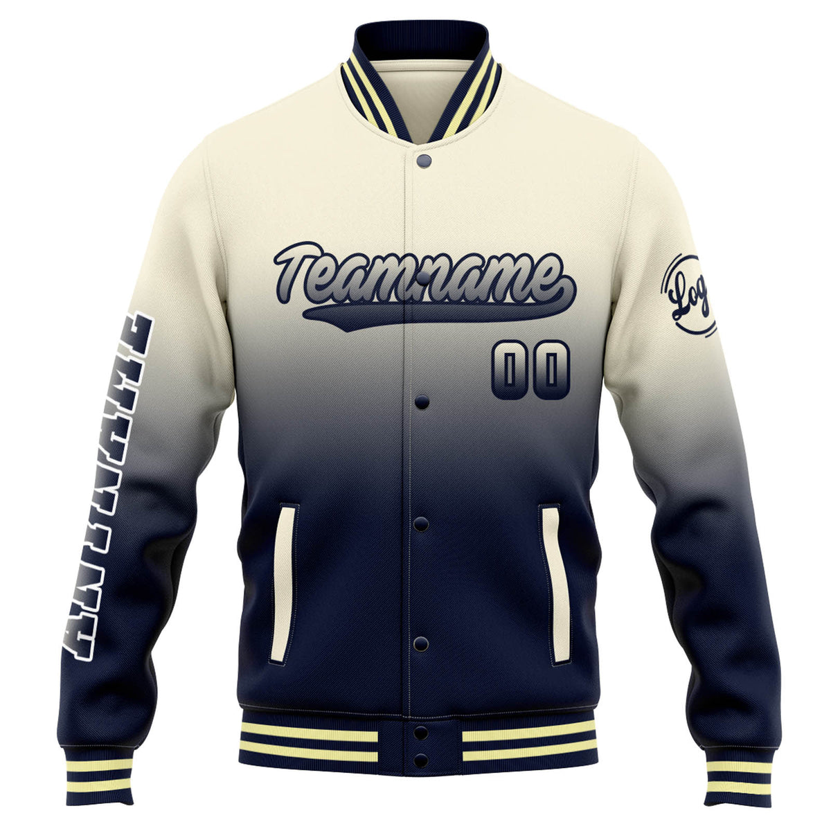Chaqueta universitaria personalizada estilo Letterman para hombres-mujeres y jóvenes-color crema con degradado azul marino