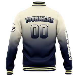 Chaqueta universitaria personalizada estilo Letterman para hombres-mujeres y jóvenes-color crema con degradado azul marino
