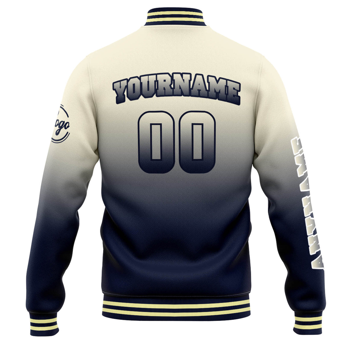 Chaqueta universitaria personalizada estilo Letterman para hombres-mujeres y jóvenes-color crema con degradado azul marino