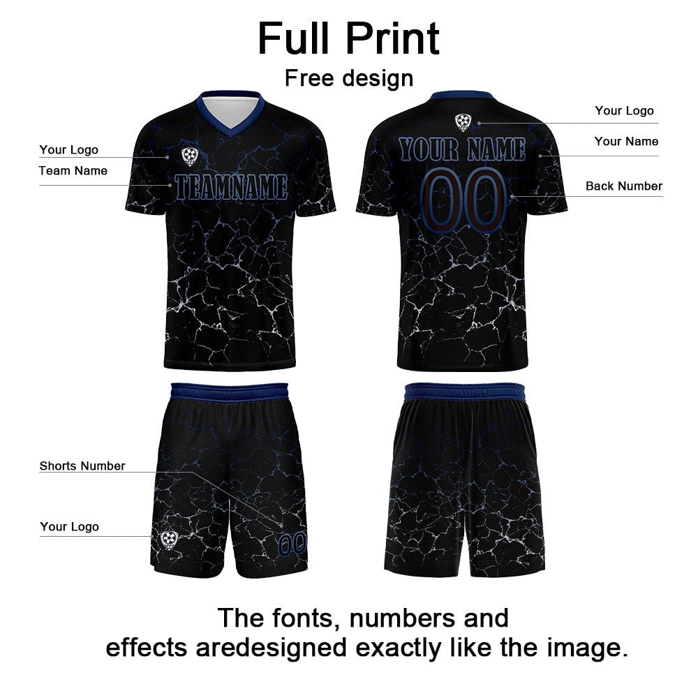Conjunto personalizado de camiseta de fútbol negra y azul oscuro para niños y adultos