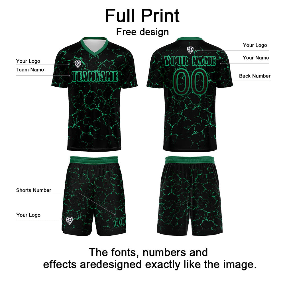 Conjunto personalizado de camiseta de fútbol negra y verde para niños y adultos