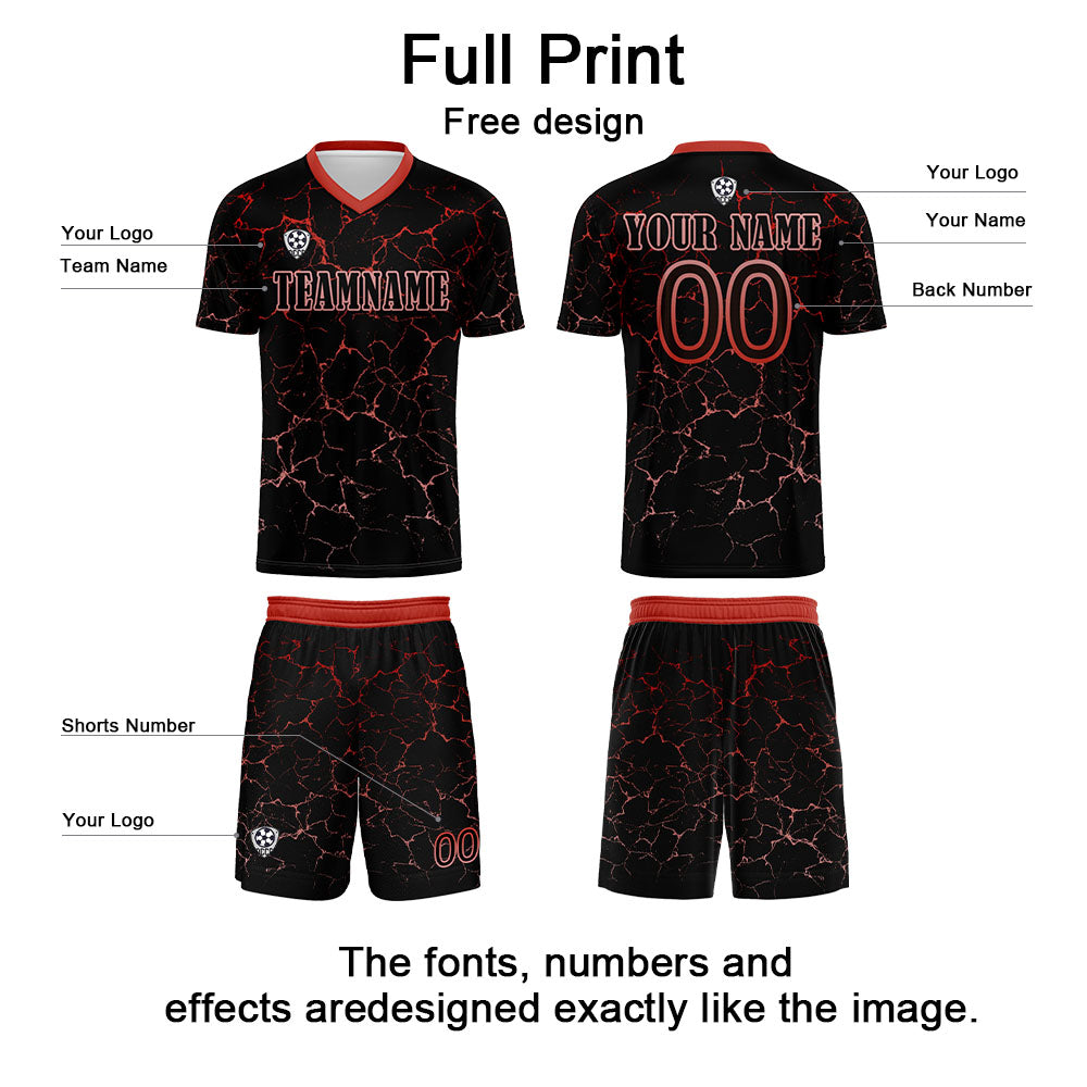 Conjunto personalizado de camiseta de fútbol negra y roja para niños y adultos