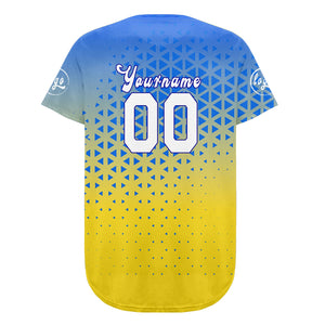 Camiseta de béisbol personalizada azul y amarilla con degradado uniformes de equipo con nombre y número