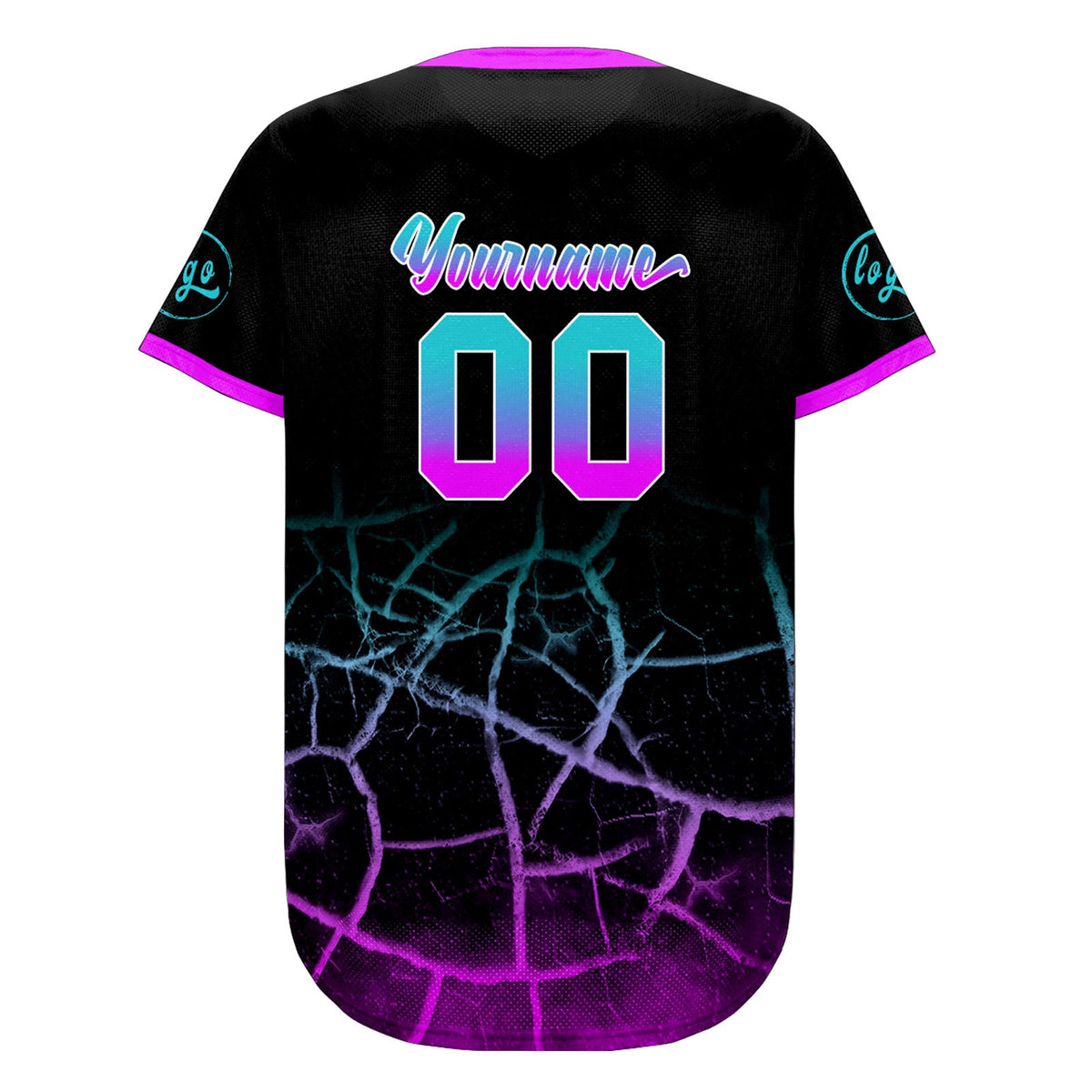 Camiseta de béisbol personalizada negra morada brillante y azul lagos uniformes de equipo con degradado personalizado nombre y número