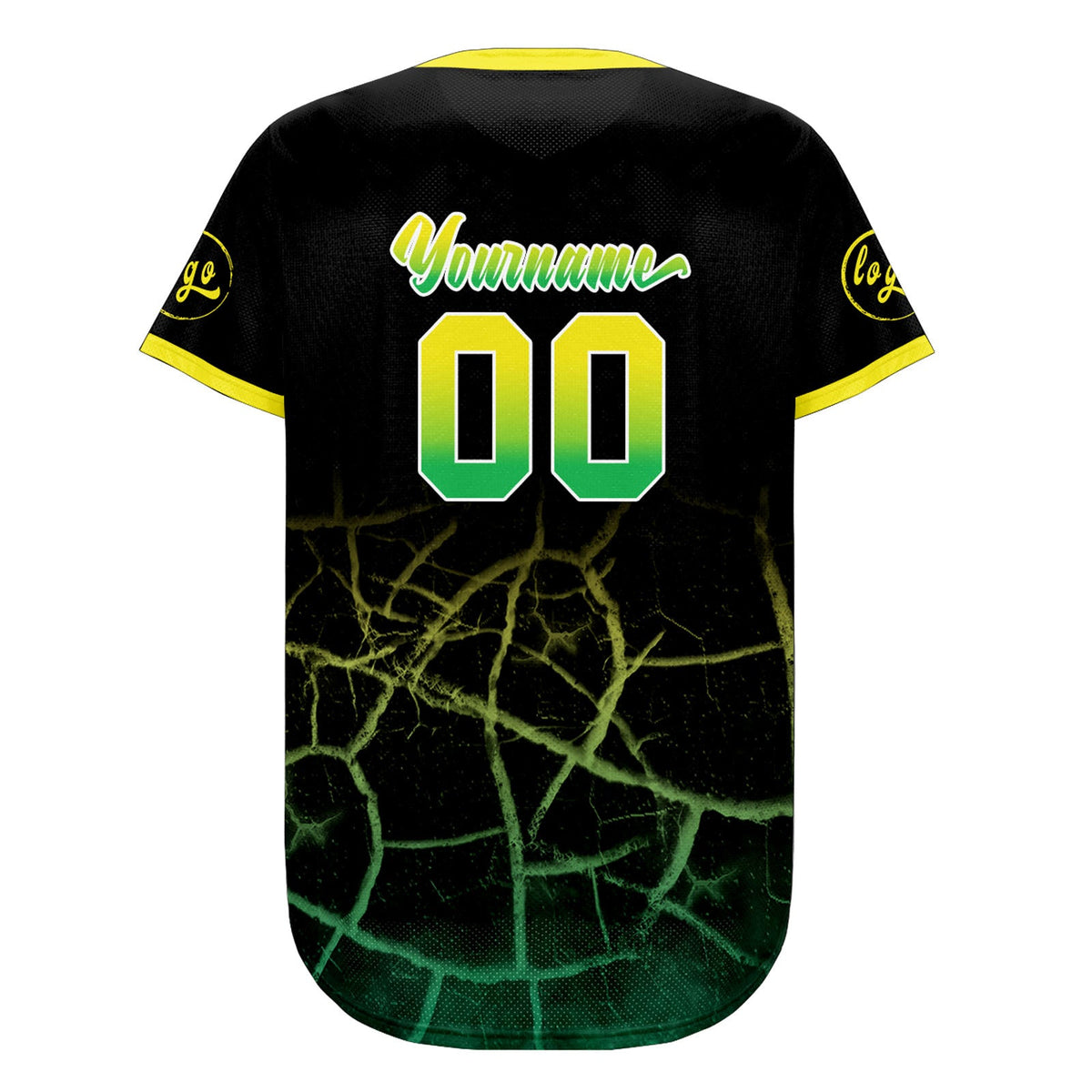 Camiseta de béisbol personalizada negra amarilla y verde con degradado uniformes de equipo personalizados con nombre y número