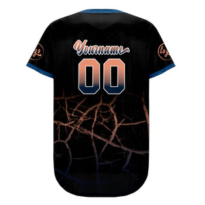 Camiseta de béisbol personalizada negra azul marino y naranja claro con degradado uniformes de equipo personalizados con nombre y número