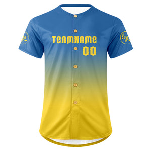 Camiseta de béisbol personalizada azul y amarilla con degradado uniformes de equipo con nombre y número