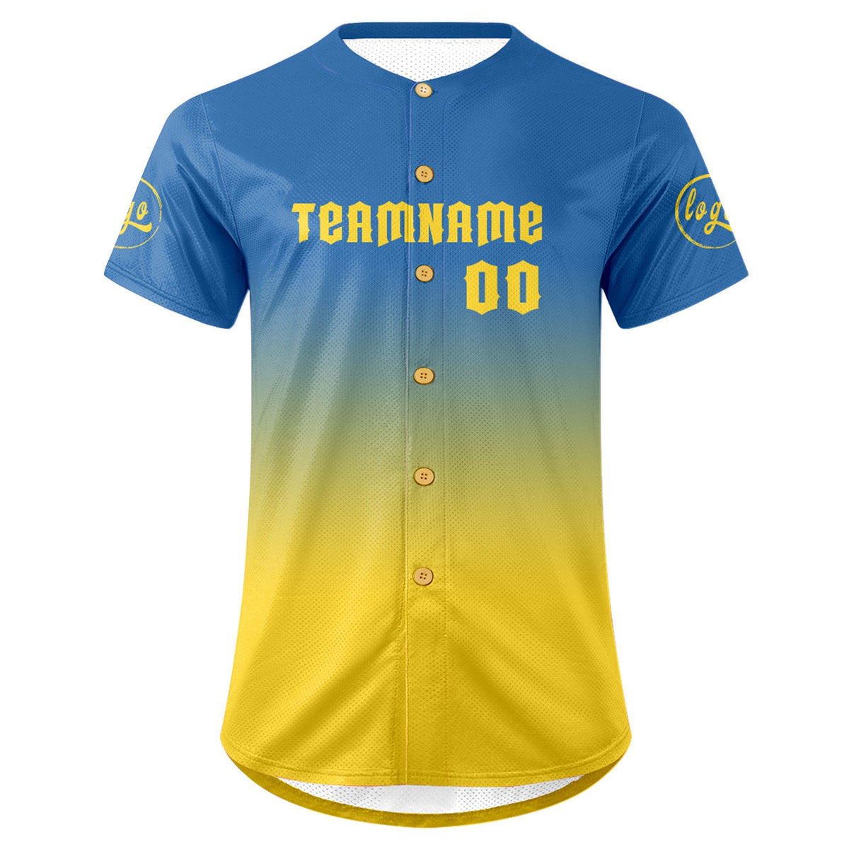 Camiseta de béisbol personalizada azul y amarilla con degradado uniformes de equipo con nombre y número