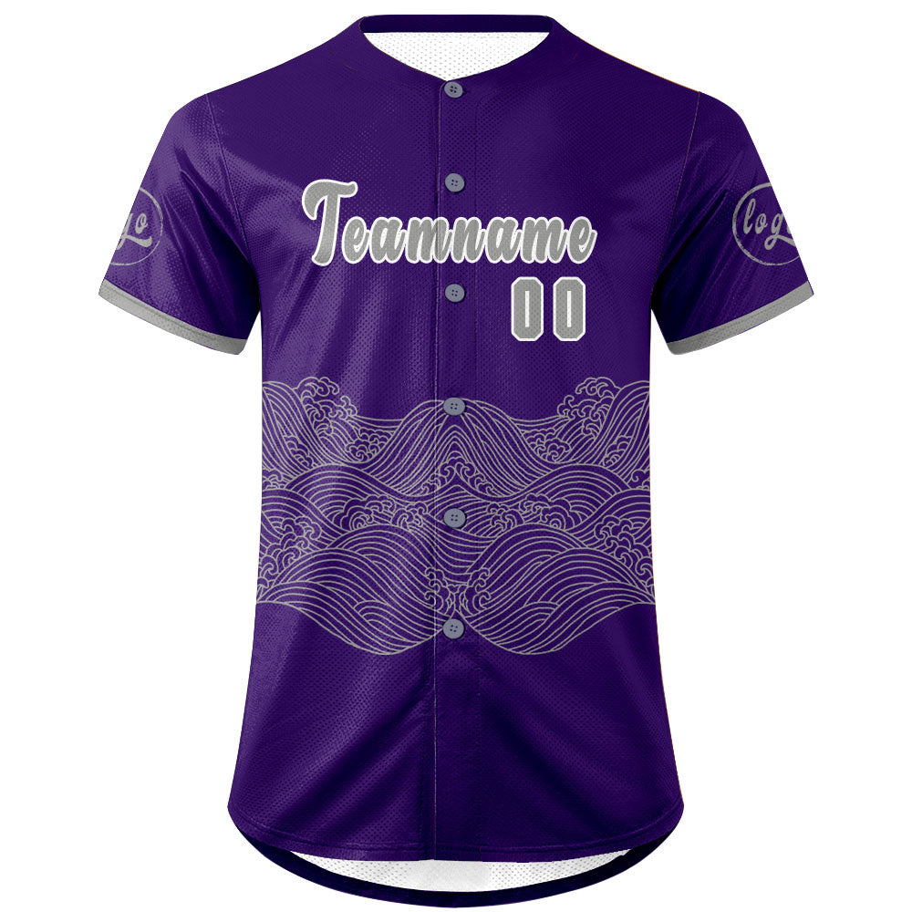 Camiseta de béisbol personalizada en color morado y gris con degradado uniformes de equipo personalizados con nombre y número