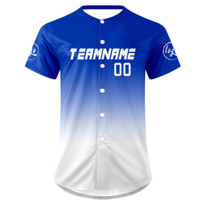 Camiseta de béisbol personalizada blanca y azul con degradado uniformes de equipo con nombre y número