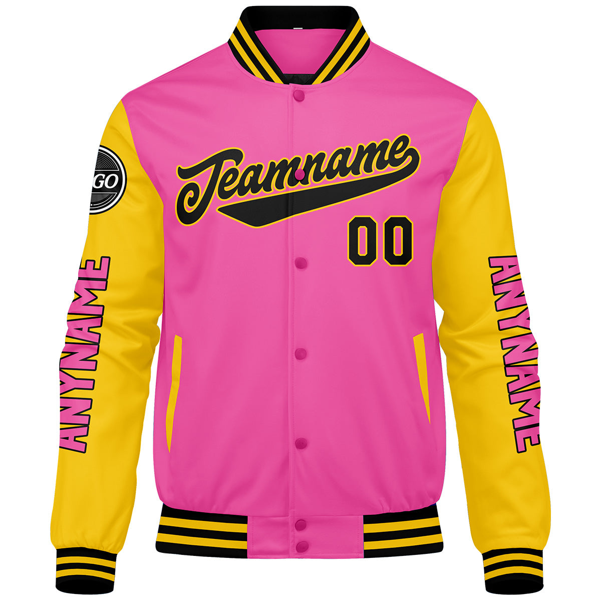 Chaquetas universitarias personalizadas en rosa & amarillo y negro para hombres & mujeres y jóvenes & Chaquetas tipo Letterman personalizadas