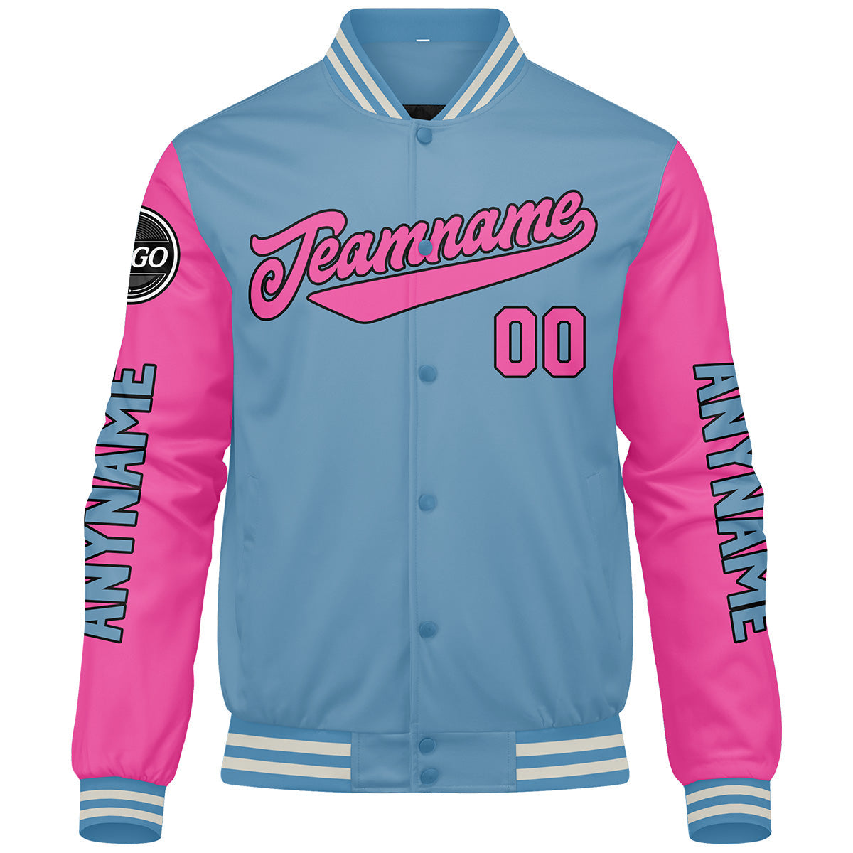 Chaquetas universitarias personalizadas en azul claro y rosa para hombres & mujeres y jóvenes & Chaquetas tipo Letterman personalizadas