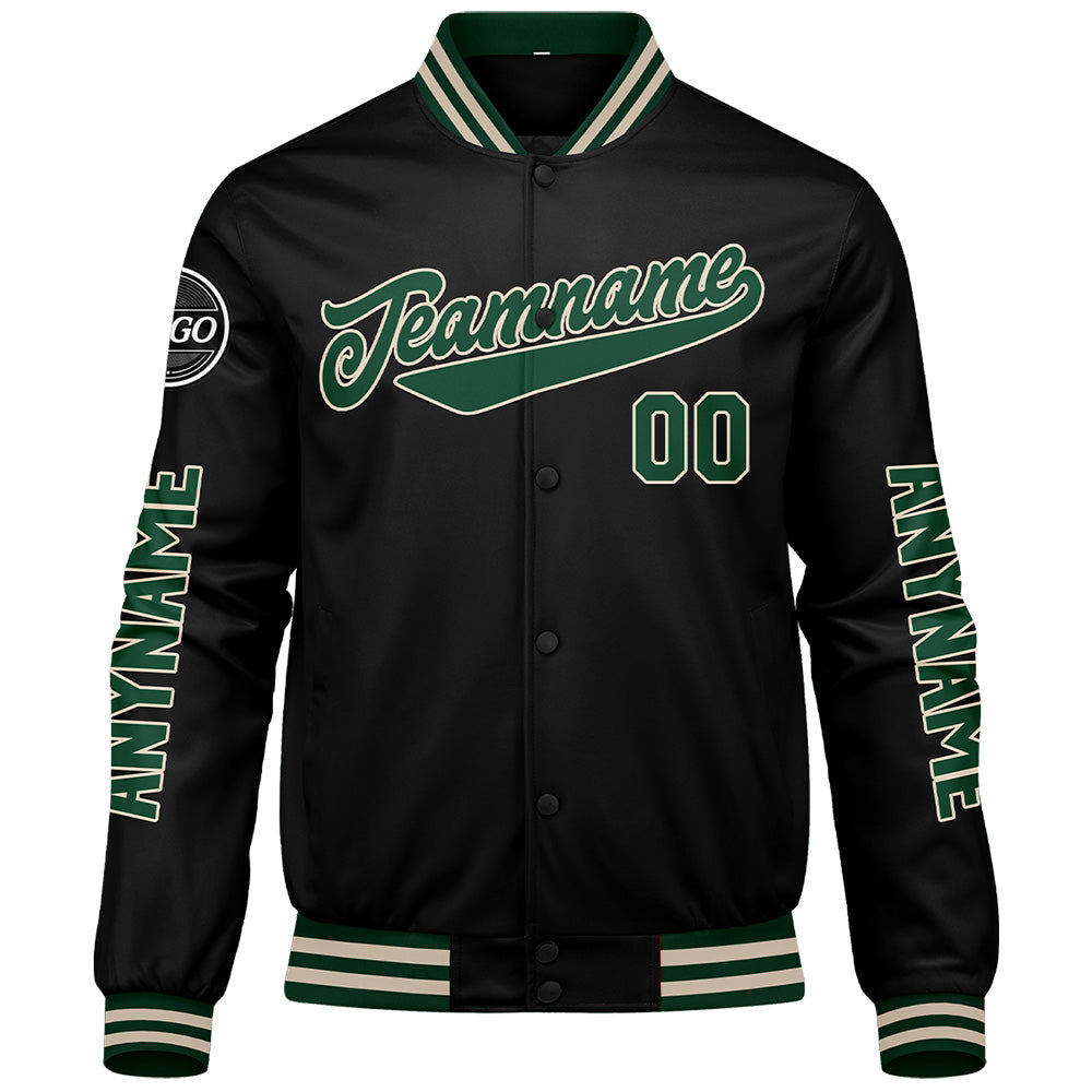 Chaquetas universitarias personalizadas en verde oscuro & negro y crema para hombres & mujeres y jóvenes & Chaquetas Letterman personalizadas