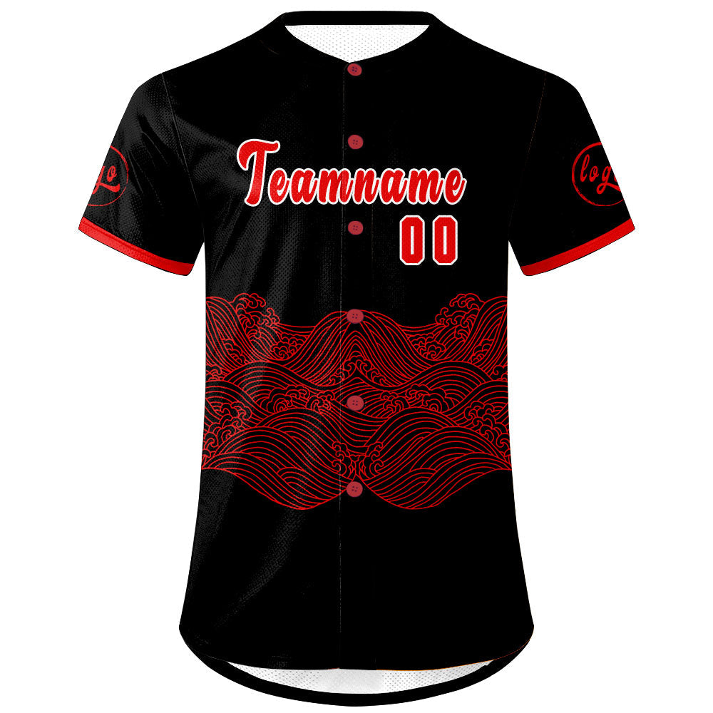 Camiseta de béisbol personalizada negra y roja con degradado uniformes de equipo con nombre y número