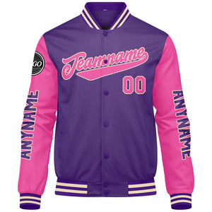 Chaquetas universitarias personalizadas en color morado y rosa para hombres & mujeres y jóvenes & Chaquetas estilo Letterman personalizadas