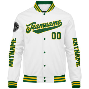 Chaquetas universitarias personalizadas en verde & amarillo y blanco para hombres & mujeres y jóvenes & Chaquetas Letterman personalizadas