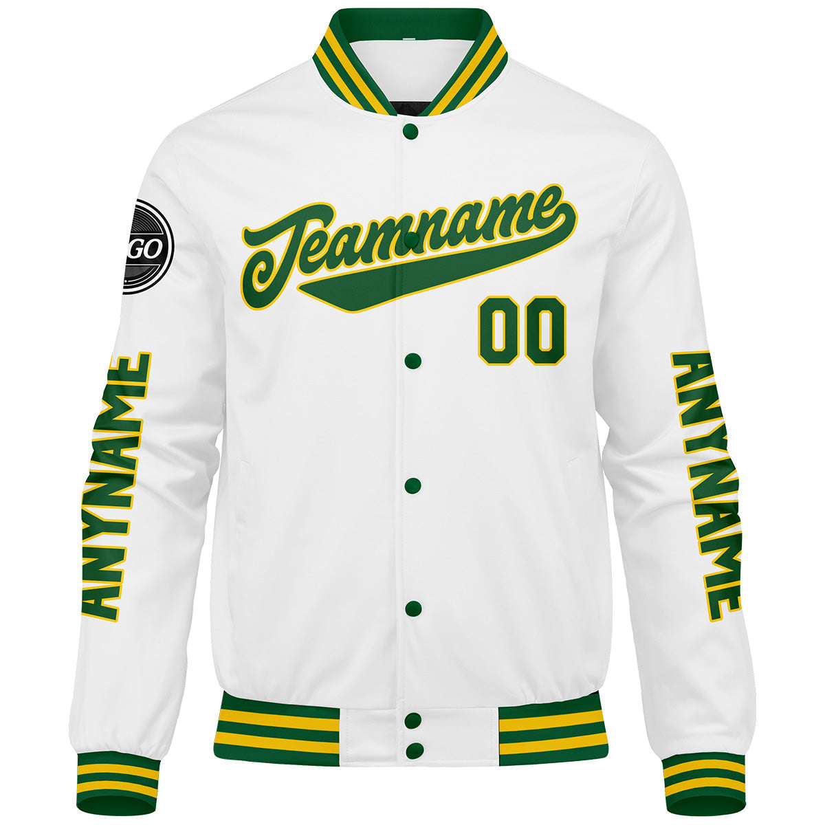Chaquetas universitarias personalizadas en verde & amarillo y blanco para hombres & mujeres y jóvenes & Chaquetas Letterman personalizadas