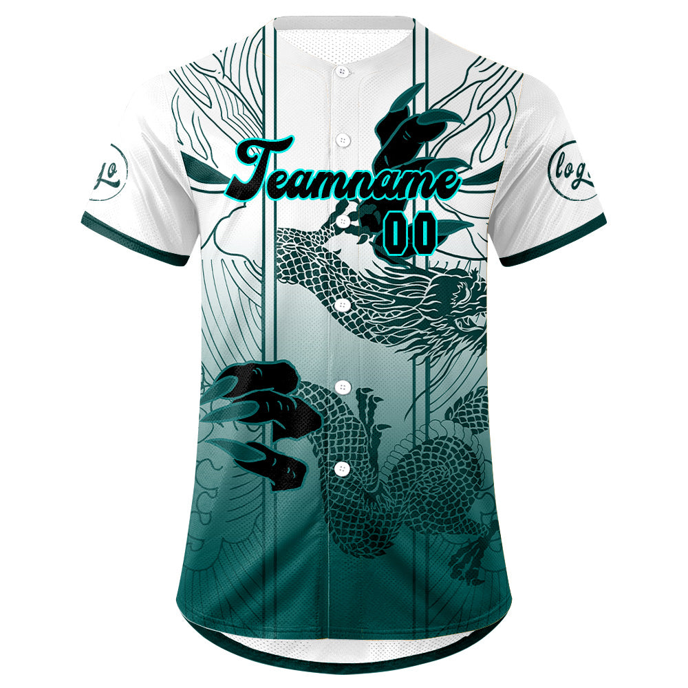 Camiseta de béisbol personalizada blanca y cian con degradado uniformes de equipo con nombre y número