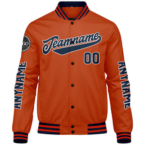 Chaquetas universitarias personalizadas azul marino y naranja para hombres & mujeres y jóvenes & Chaquetas Letterman personalizadas