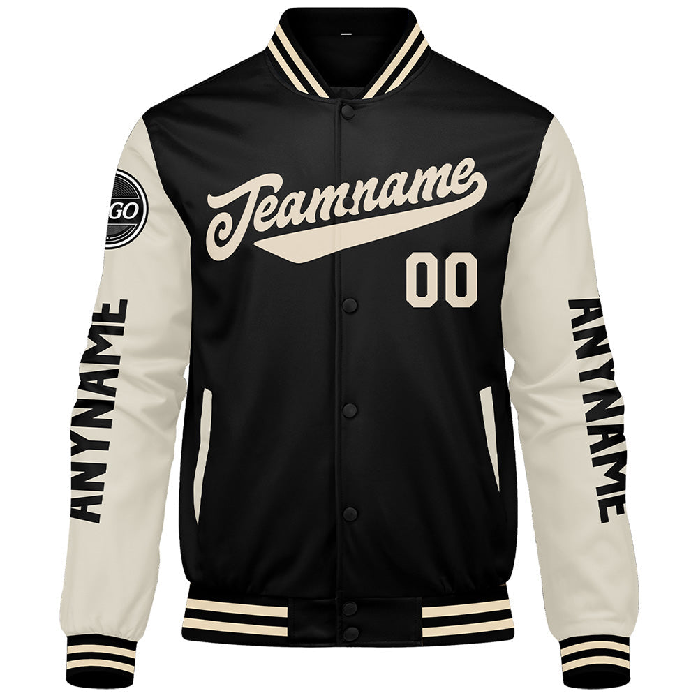 Chaquetas universitarias personalizadas en color negro y crema para hombres & mujeres y jóvenes & Chaquetas Letterman personalizadas