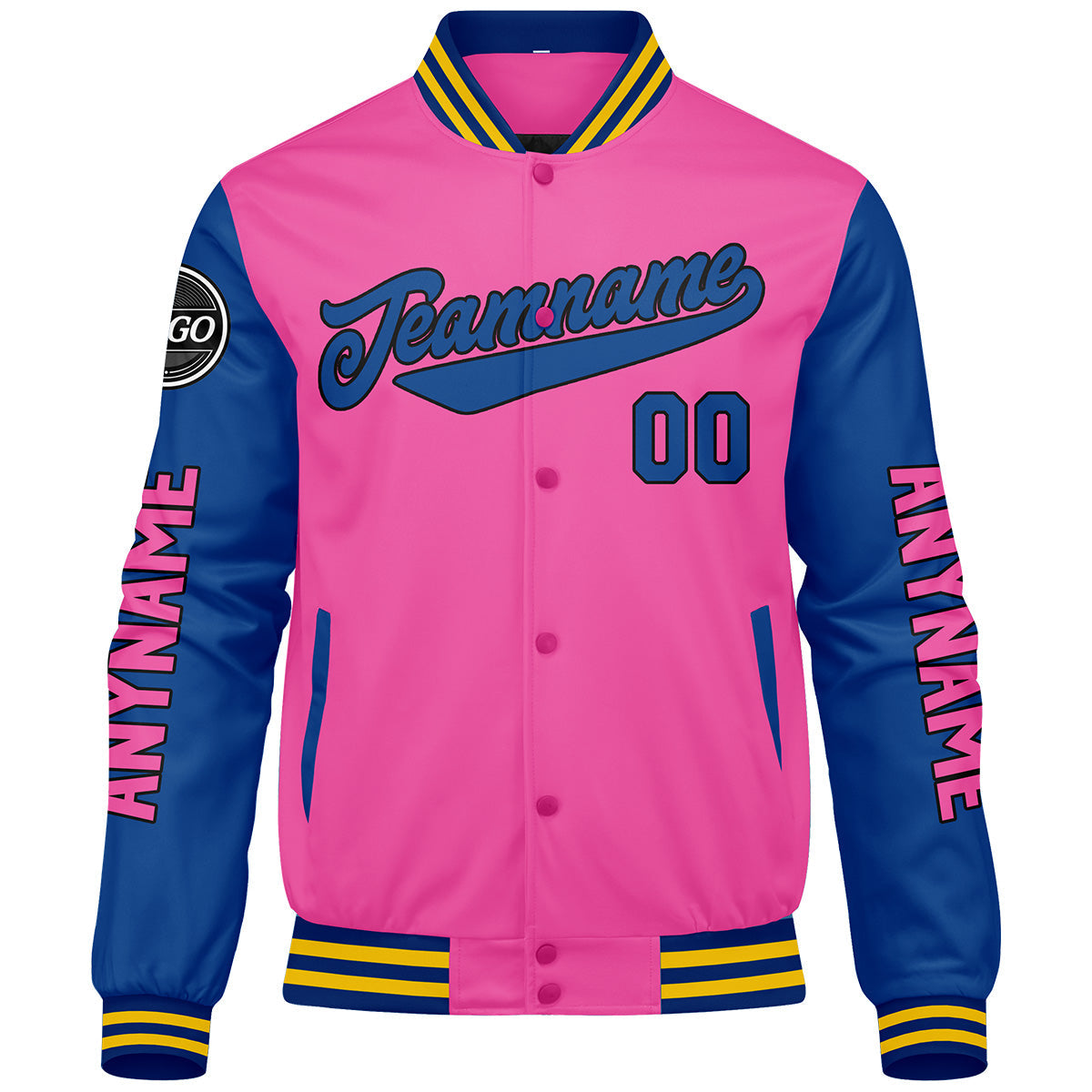 Chaquetas universitarias personalizadas en color rosa & azul marino y amarillo para hombres & mujeres y jóvenes & Chaquetas tipo Letterman personalizadas