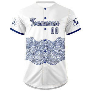 Camiseta de béisbol personalizada blanca y azul con degradado uniformes de equipo con nombre y número