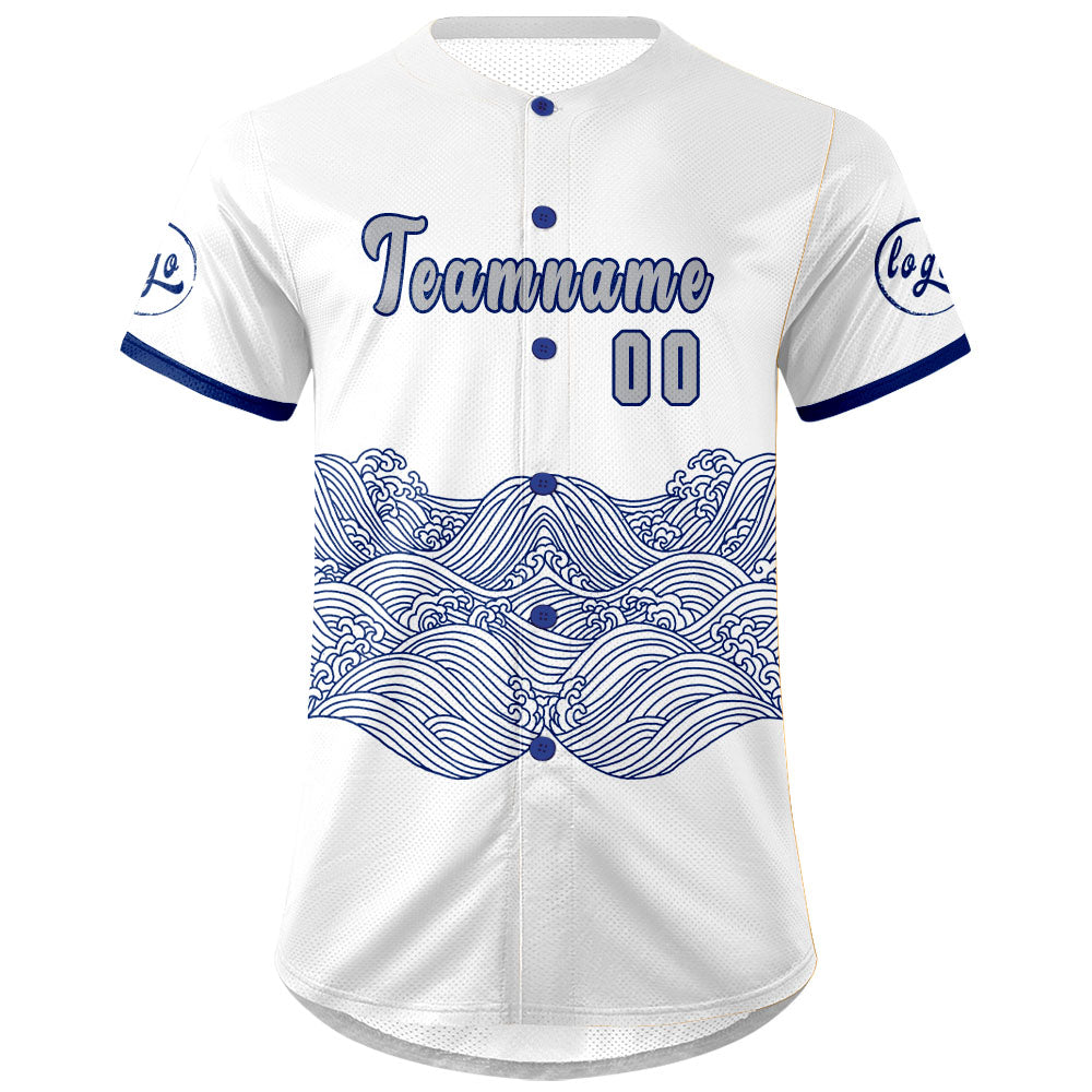Camiseta de béisbol personalizada blanca y azul con degradado uniformes de equipo con nombre y número
