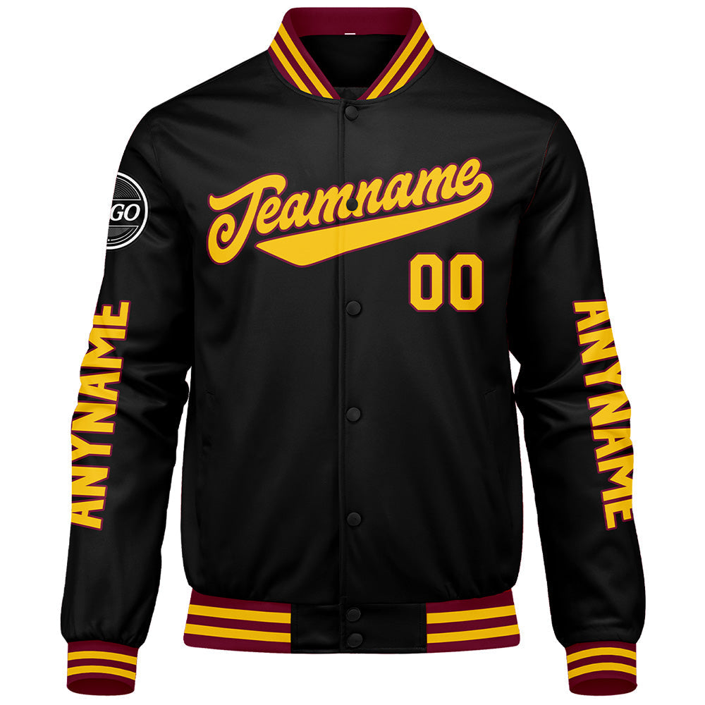 Chaquetas universitarias personalizadas en color carmesí & negro y amarillo para hombres & mujeres y jóvenes & Chaquetas tipo Letterman personalizadas