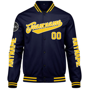 Chaquetas universitarias personalizadas azul marino y amarillas para hombres & mujeres y jóvenes & Chaquetas tipo Letterman personalizadas