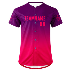Camiseta de béisbol personalizada color morado fucsia con degradado uniformes de equipo personalizados con nombre y número