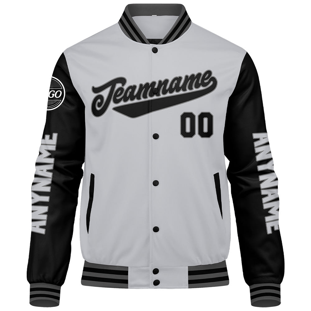 Chaquetas universitarias personalizadas en gris y negro para hombres & mujeres y jóvenes & Chaquetas Letterman personalizadas