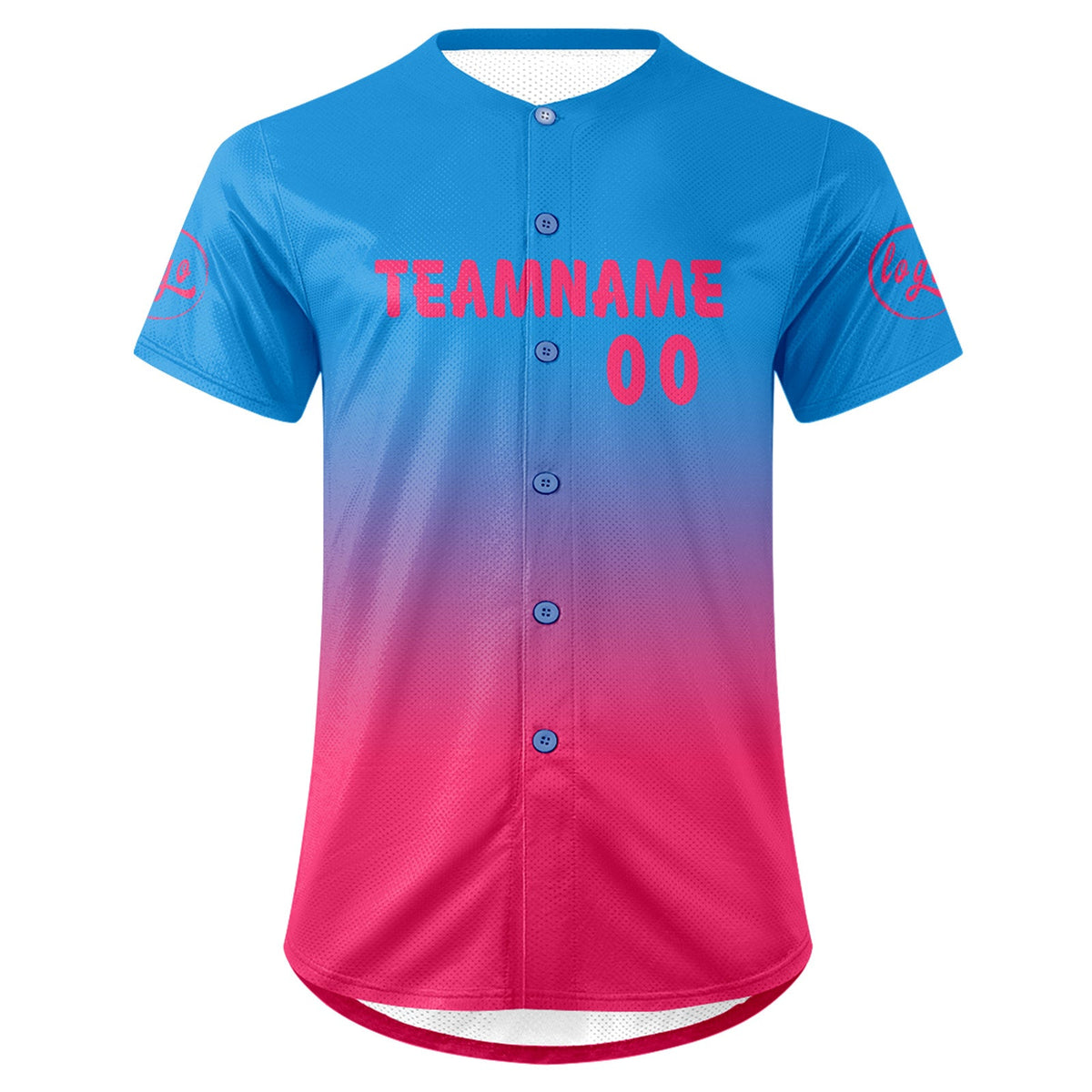 Camiseta de béisbol azul fucsia personalizada con degradado uniformes de equipo con nombre y número