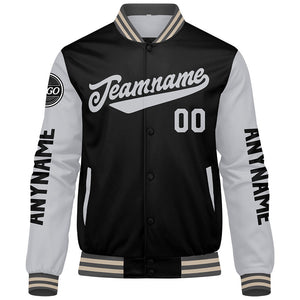 Chaquetas universitarias personalizadas en gris & negro y crema para hombres & mujeres y jóvenes & Chaquetas Letterman personalizadas