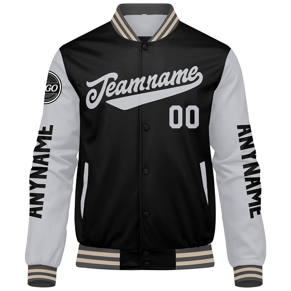 Chaquetas universitarias personalizadas en gris & negro y crema para hombres & mujeres y jóvenes & Chaquetas Letterman personalizadas
