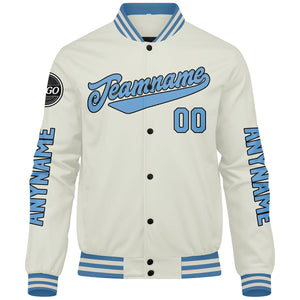 Chaquetas universitarias personalizadas color crema y azul claro para hombres & mujeres y jóvenes & Chaquetas Letterman personalizadas