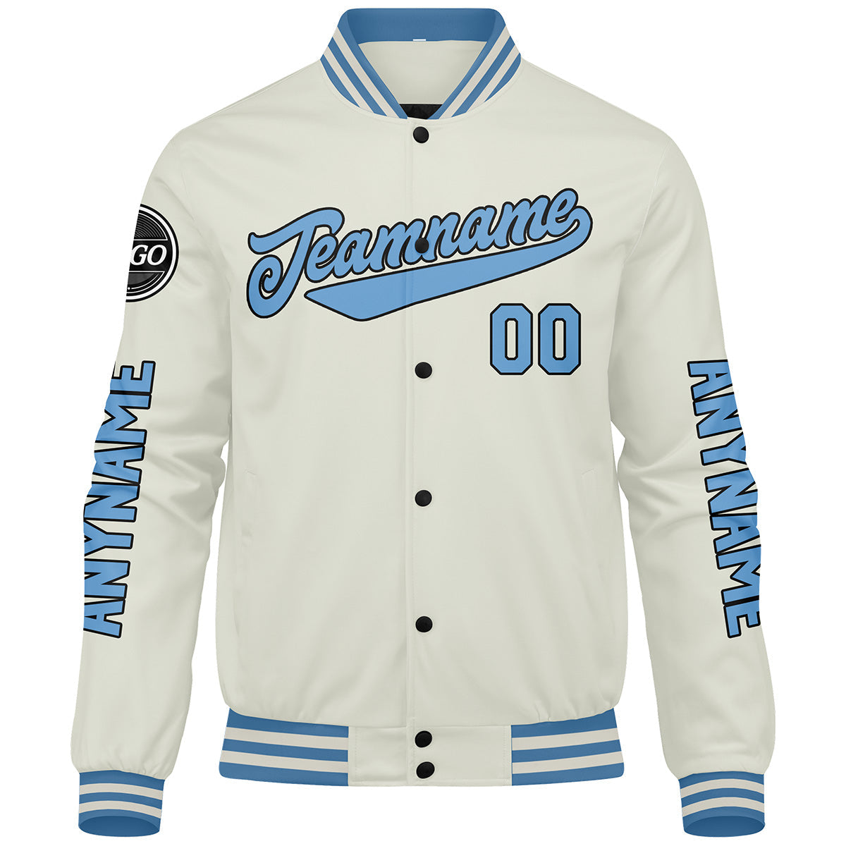 Chaquetas universitarias personalizadas color crema y azul claro para hombres & mujeres y jóvenes & Chaquetas Letterman personalizadas