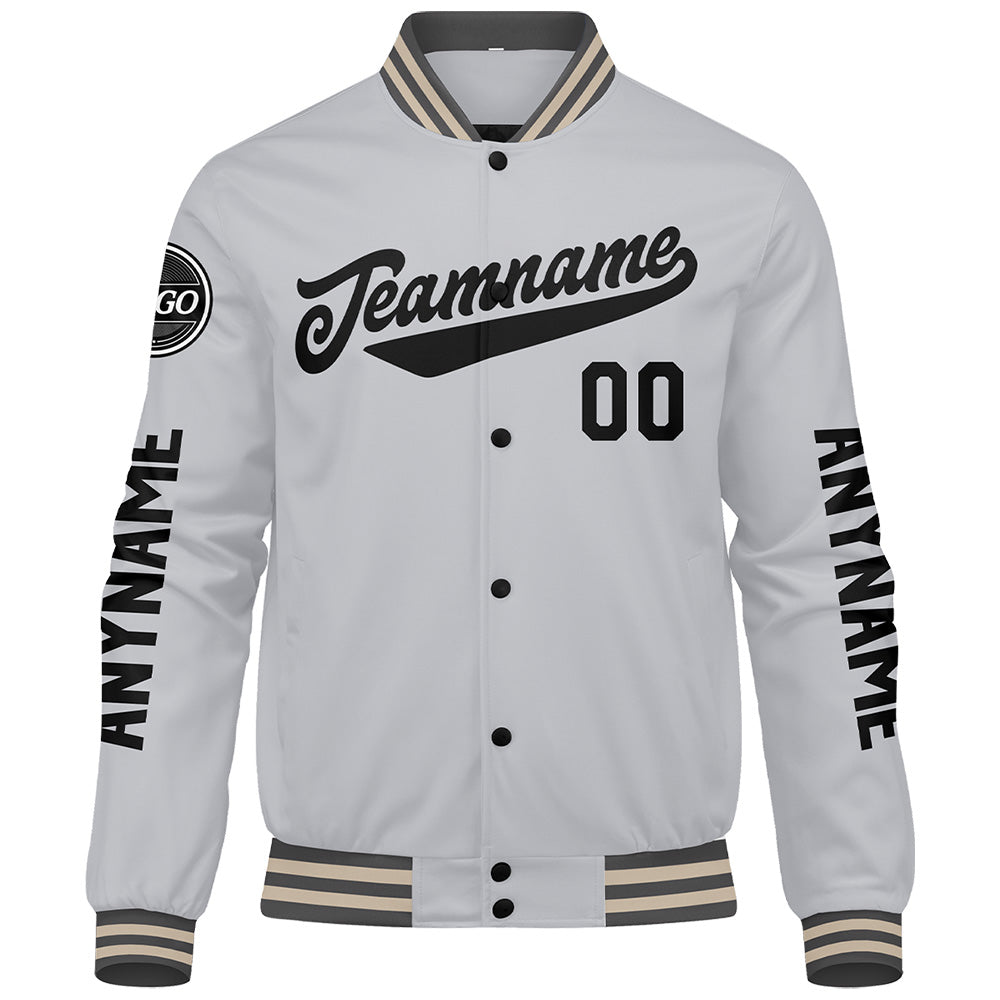 Chaquetas universitarias personalizadas en gris y negro para hombres & mujeres y jóvenes & Chaquetas Letterman personalizadas