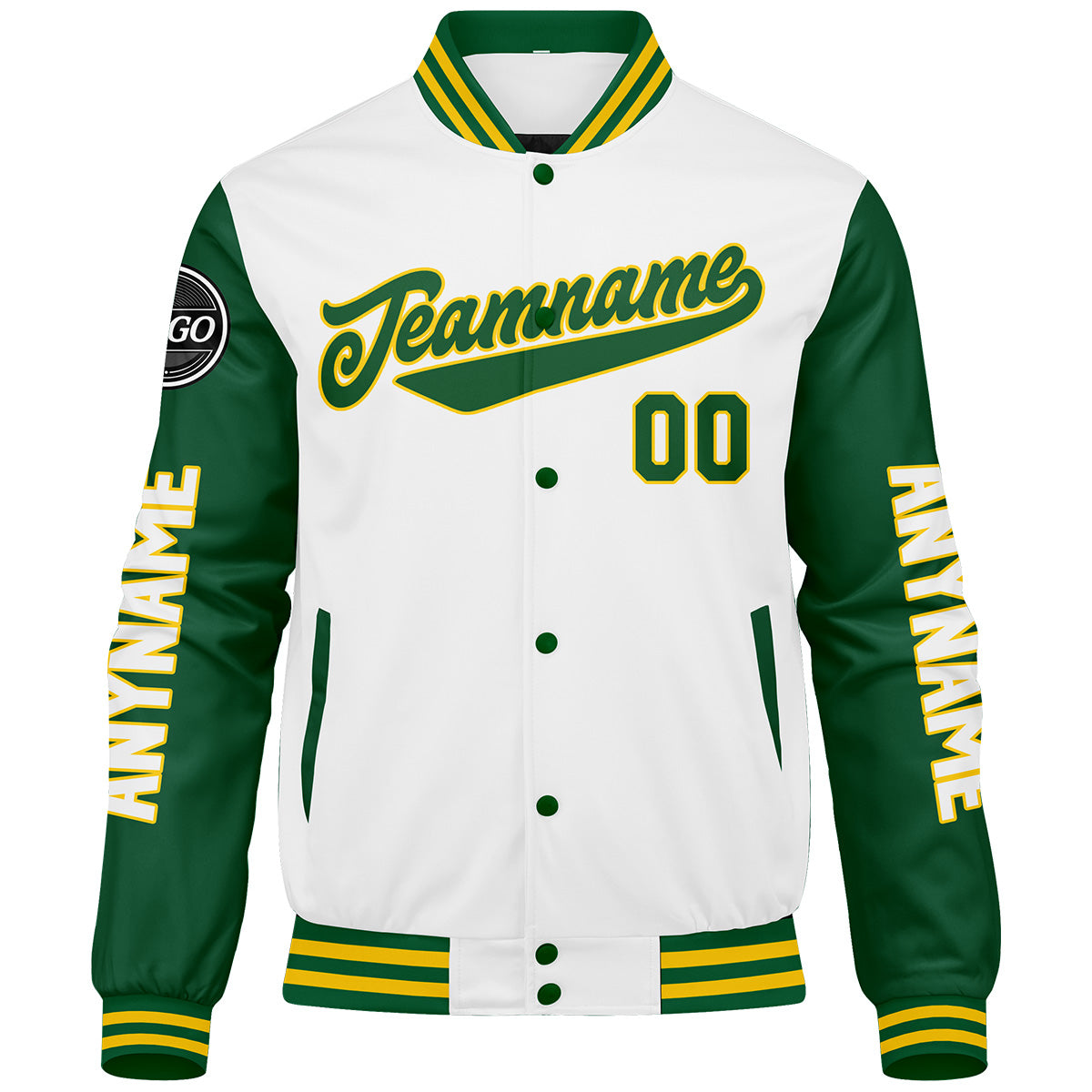 Chaquetas universitarias personalizadas en verde & amarillo y blanco para hombres & mujeres y jóvenes & Chaquetas Letterman personalizadas