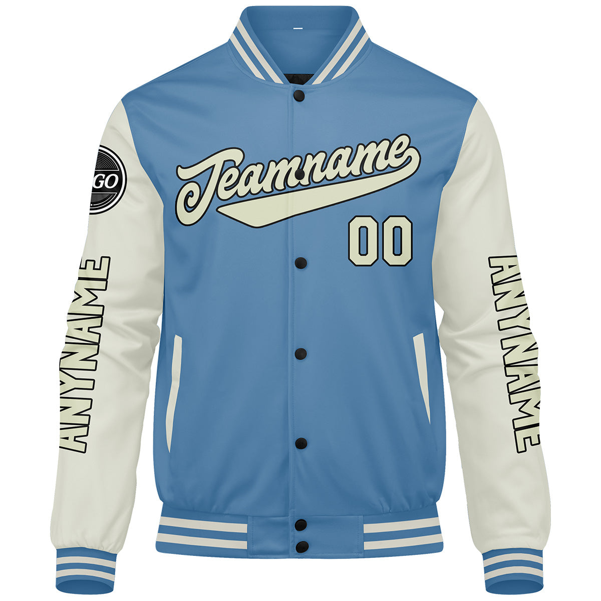 Chaquetas universitarias personalizadas azul claro crema para hombres & mujeres y jóvenes & Chaquetas Letterman personalizadas