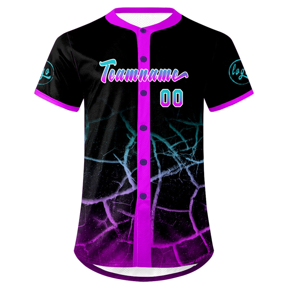 Camiseta de béisbol personalizada negra morada brillante y azul lagos uniformes de equipo con degradado personalizado nombre y número