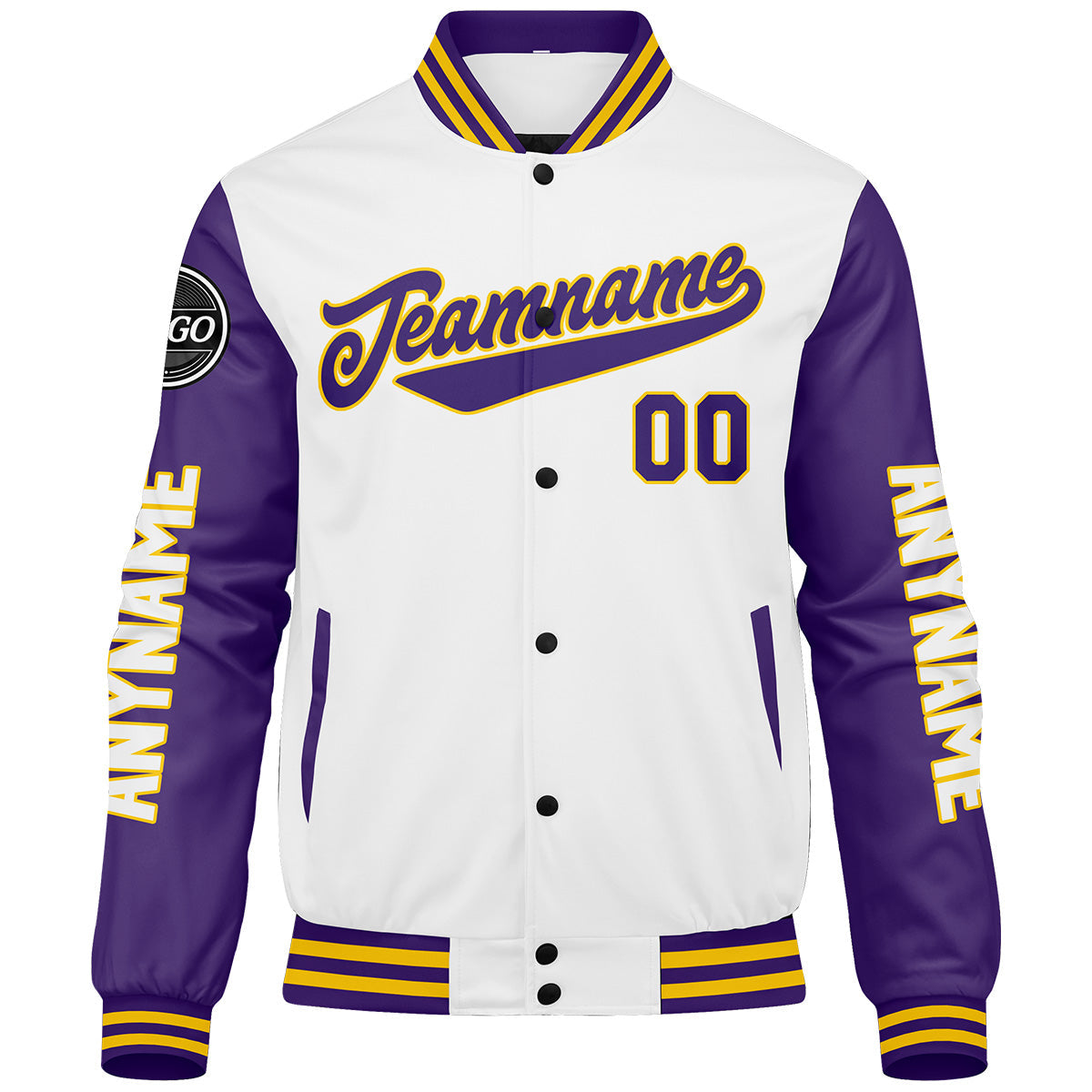 Chaquetas universitarias personalizadas en morado & blanco y amarillo para hombres & mujeres y jóvenes & Chaquetas tipo Letterman personalizadas
