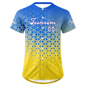 Camiseta de béisbol personalizada azul y amarilla con degradado uniformes de equipo con nombre y número