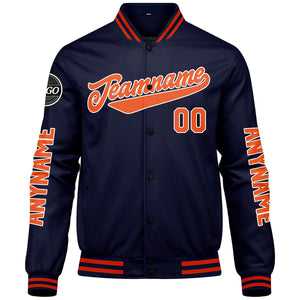 Chaquetas universitarias personalizadas azul marino y naranja para hombres & mujeres y jóvenes & Chaquetas Letterman personalizadas