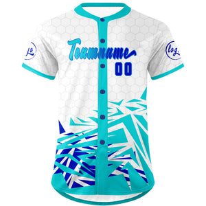 Camiseta de béisbol personalizada blanca y cian con degradado uniformes de equipo personalizados con nombre y número