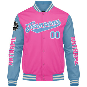 Chaquetas universitarias personalizadas en rosa y azul claro para hombres & mujeres y jóvenes & Chaquetas Letterman personalizadas
